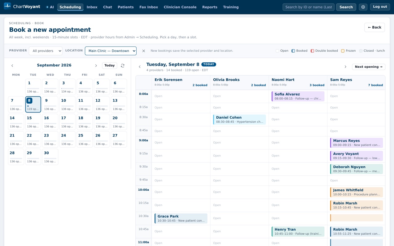 The month scheduler: a compact clinic calendar on the left and the selected day as a time-rail on the right, one column per provider.